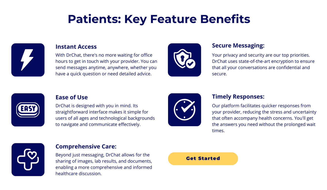 Key Features for Patients:  Instant Access: With DrChat, there's no more waiting for office hours to get in touch with your provider. You can send messages anytime, anywhere, whether you have a quick question or need detailed advice.  Secure Messaging: Your privacy and security are our top priorities. DrChat uses state-of-the-art encryption to ensure that all your conversations are confidential and secure.  Ease of Use: DrChat is designed with you in mind. Its straightforward interface makes it simple for users of all ages and technological backgrounds to navigate and communicate effectively.  Timely Responses: Our platform facilitates quicker responses from your provider, reducing the stress and uncertainty that often accompany health concerns. You'll get the answers you need without the prolonged wait times.  Comprehensive Care: Beyond just messaging, DrChat allows for the sharing of images, lab results, and documents, enabling a more comprehensive and informed healthcare discussion.
